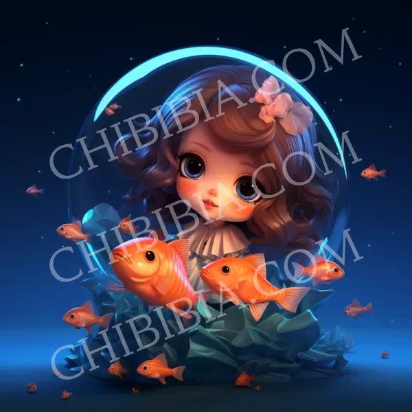 Chibibi fille aquarius poisson aquarium bleu orange Pisces