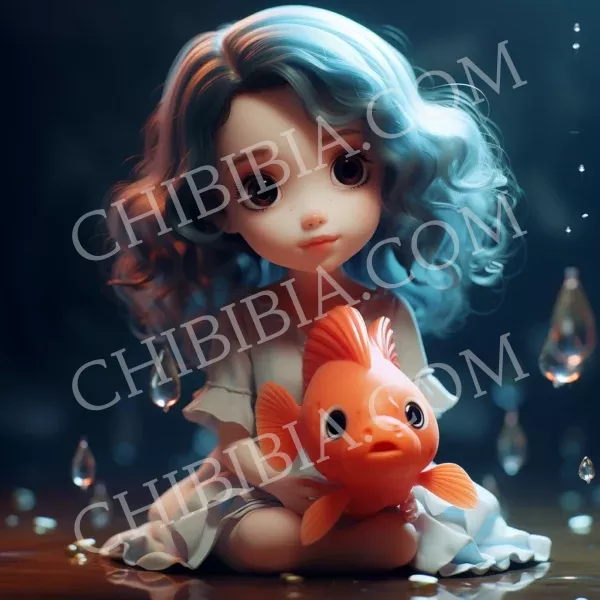 Chibibi fille aquarius poisson aquarium bleu orange Pisces