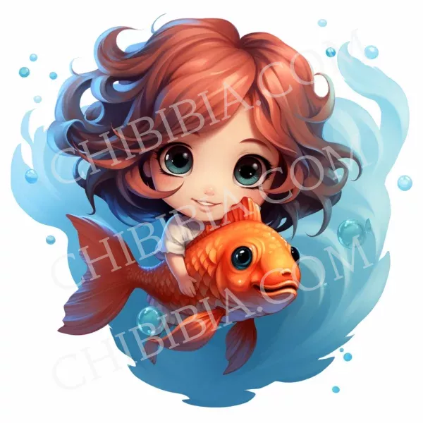 Chibibi fille aquarius poisson aquarium bleu orange Pisces